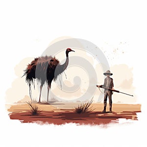 Indigenous Man Hunting Ostrich: Realistic Australian Landscape Illustration