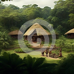 Indigenous tribe in a village surrounded by trees and hollows.
