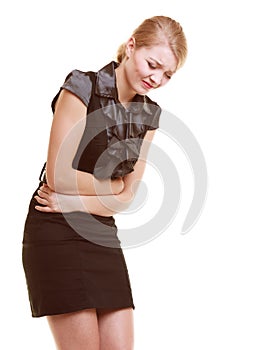 Indigestion. Woman suffering from stomach pain isolated. photo