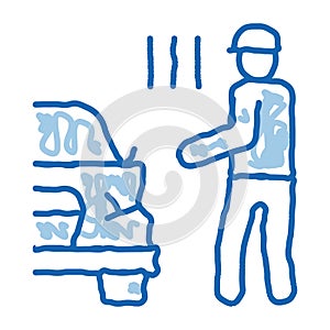 indignant driver of broken car bumper doodle icon hand drawn illustration