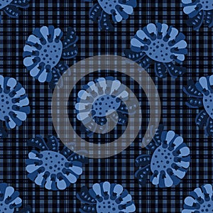 Indigo blue bold flower motif tartan vector pattern. Seamless repeating print