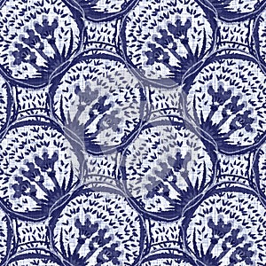 Indigo blue flower block print damask dyed linen texture background. Seamless woven japanese repeat batik pattern swatch