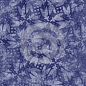 Indigo blue flower block print damask dyed linen texture background. Seamless woven japanese repeat batik pattern swatch