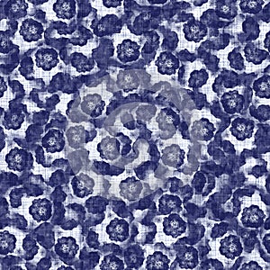 Indigo blue flower block print damask dyed linen texture background. Seamless woven japanese repeat batik pattern swatch