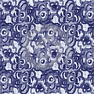 Indigo blue flower block print dyed linen texture background. Seamless woven japanese repeat batik pattern swatch