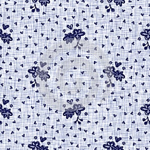 Indigo blue flower block print dyed linen texture background. Seamless woven japanese repeat batik pattern swatch