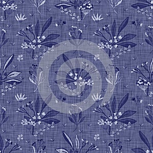 Indigo blue flower block print dyed linen texture background. Seamless woven japanese repeat batik pattern swatch