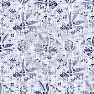 Indigo blue flower block print dyed linen texture background. Seamless woven japanese repeat batik pattern swatch