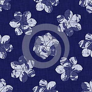 Indigo blue flower block print dyed linen texture background. Seamless woven japanese repeat batik pattern swatch