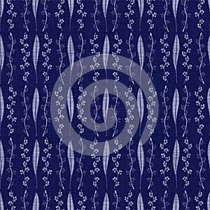 Indigo blue flower block print dyed linen texture background. Seamless woven japanese repeat batik pattern swatch