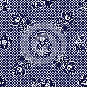 Indigo blue flower block print dyed linen texture background. Seamless woven japanese repeat batik pattern swatch