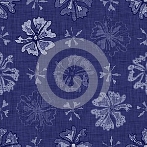 Indigo blue flower block print dyed linen texture background. Seamless woven japanese repeat batik pattern swatch