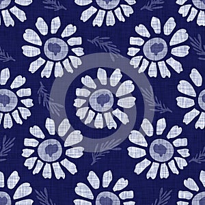 Indigo blue flower block print dyed linen texture background. Seamless woven japanese repeat batik pattern swatch