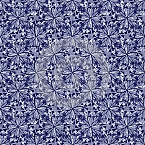 Indigo blue flower block print dyed linen texture background. Seamless woven japanese repeat batik pattern swatch