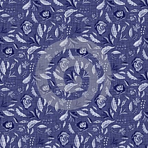 Indigo blue flower block print dyed linen texture background. Seamless woven japanese repeat batik pattern swatch