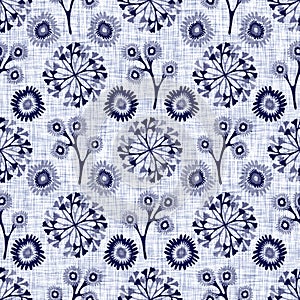 Indigo blue flower block print dyed linen texture background. Seamless woven japanese repeat batik pattern swatch