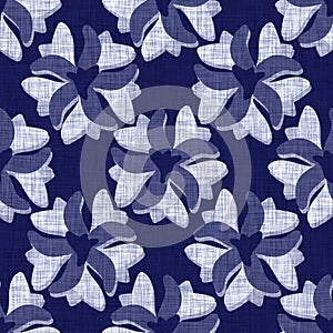 Indigo blue flower block print dyed linen texture background. Seamless woven japanese repeat batik pattern swatch