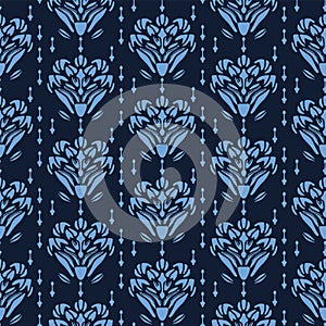 Indigo blue flower motif Japanese style. pattern. Hand drawn dyed floral damask textiles. Decorative art nouveaux home