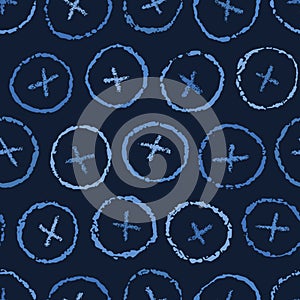 Indigo blue hand drawn button polka dot circles seamless pattern. Sketchy dotty vector illustration.