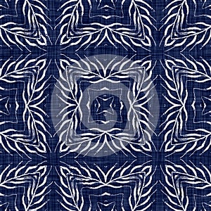 Indigo blue leaf block print damask dyed texture background. Seamless woven japanese repeat batik pattern swatch