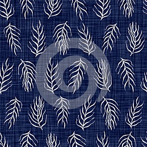 Indigo blue leaves block print damask dyed texture background. Seamless woven japanese repeat batik pattern swatch