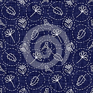 Indigo blue leaves block print damask dyed texture background. Seamless woven japanese repeat batik pattern swatch