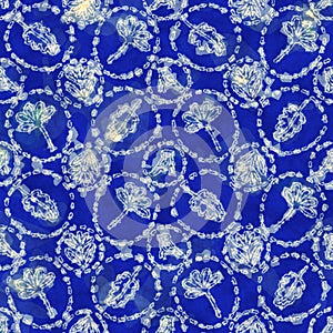 Indigo blue leaves block print damask dyed texture background. Seamless woven japanese repeat batik pattern swatch
