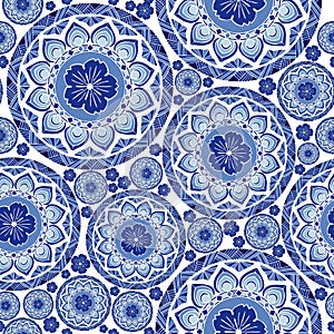 Indigo blue Porcelain chic boho mandala design from flower and betel leaf seamless pattern