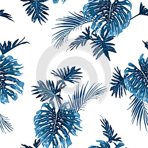 Indigo blue Seamless hand drawn tropical leaves vector pattern with exotic botanical jungle plants on white background,Design for