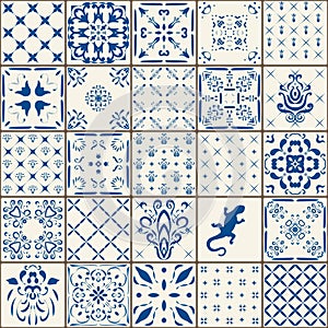 Indigo Blue Tiles Floor Ornament Collection. Gorgeous Seamless Patchwork Pattern from Colorful Traditional Painted Tin Glazed Cera