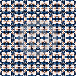 Indigo Blue white watercolor batik blur azulejos tile background. Seamless coastal blur painterly geometric mosaic