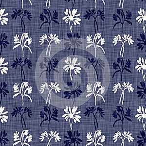 Indigo denim blue leaf motif seamless pattern. Japanese dye batik fabric style effect print background swatch.