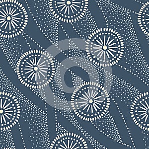 Indigo Hand-Drawn Japanese Circles and Waves Vector Seamless Pattern. Traditional Katazome Katagami Abstract Dyed photo