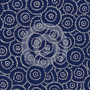 Indigo Hand-Drawn Japanese Dyed Textile Vector Seamless Pattern. Traditional Katazome Katagami Abstract Circles Flowers