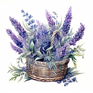 Indigo Lavender Bouquet In Basket - Watercolor Illustration photo