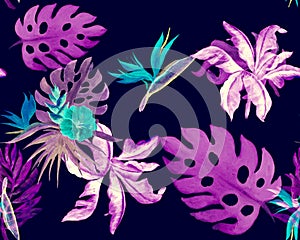 Indigo Monstera Garden. Pink Watercolor Set. Yellow Banana Leaf Texture. Purple Seamless Palm. Blue Pattern Background. Tropical G