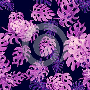 Indigo Monstera Jungle. Purple Seamless Set. Violet Tropical Textile. Pattern Plant. Watercolor Illustration. Floral Garden.Summer