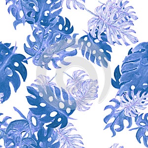 Indigo Monstera Pattern Backdrop. Seamless Plant. Navy Watercolor Leaves. Tropical Set. Floral Decor. Summer Set.Vintage Wallpaper
