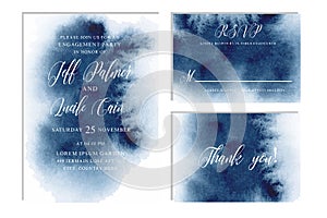 Indigo, navy blue wedding set with hand drawn watercolor background. Vector