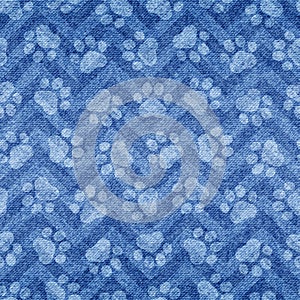 Indigo paw print. Pets seamless pattern. Paw texture. Cute blue background for dog or cat. Modern denim fabric. Irregular repeat c