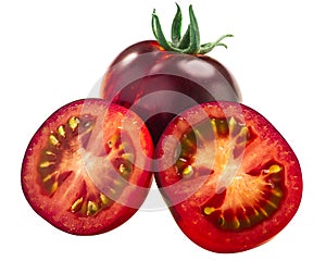 Indigo Rose heirloom tomato, ripe anthocyanin-rich fruit,  isolated