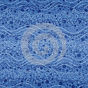 Indigo seamless pattern. Abstract contorted texture. Blue soap bubbles background. Marine design prints. Repeated modern shibori d
