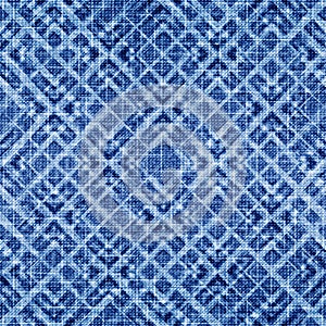 Indigo seamless pattern. Abstract denim texture. Blue woven background. Imperfect ikat fabric. Shibori jeans textile. Repeating de