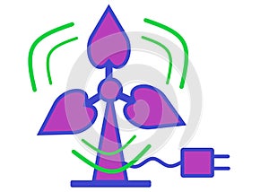 An indigo violet pink fan with heart shaped blades and two pin plug blue outlines in motion white backdrop