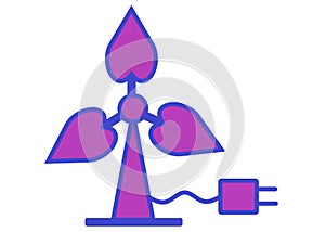 An indigo violet pink fan with heart shaped blades and two pin plug blue outlines white backdrop