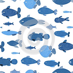 Indigo Watercolor fishes on the white background. Seamlessly tiling fish pattern.