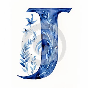 Indigo Watercolor Letter J: Delicate Flora Depictions And Playful Negative Space photo