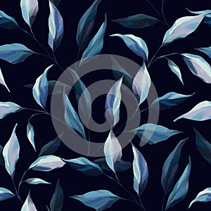 Indigo Watercolor seamless pattern with tree  branches  palm leaves  forest plants and leaf on navy blue background. Exotic