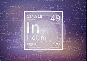 Indium chemical element with first ionization energy, atomic mass and electronegativity values on scientific background