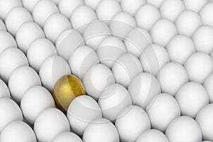 Individiuality and difference concept.Standing golden egg in between common eggs.